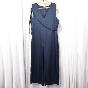 Ettitude Jumpsuit Woman XL Blue Bamboo Sateen Pockets Back Zip Sleeveless V-Neck